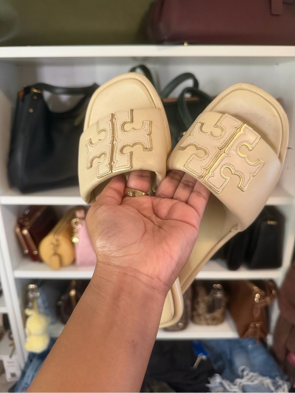 Tory Burch Double T Leather Medallion Slide Sandals